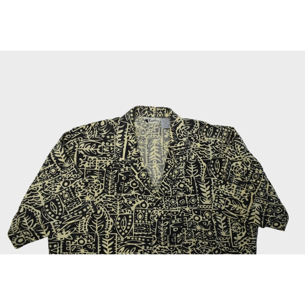 Vintage Loop Collar Shirt Mens Medium Kapito Hawaiian Tribal Print Button Up 80s